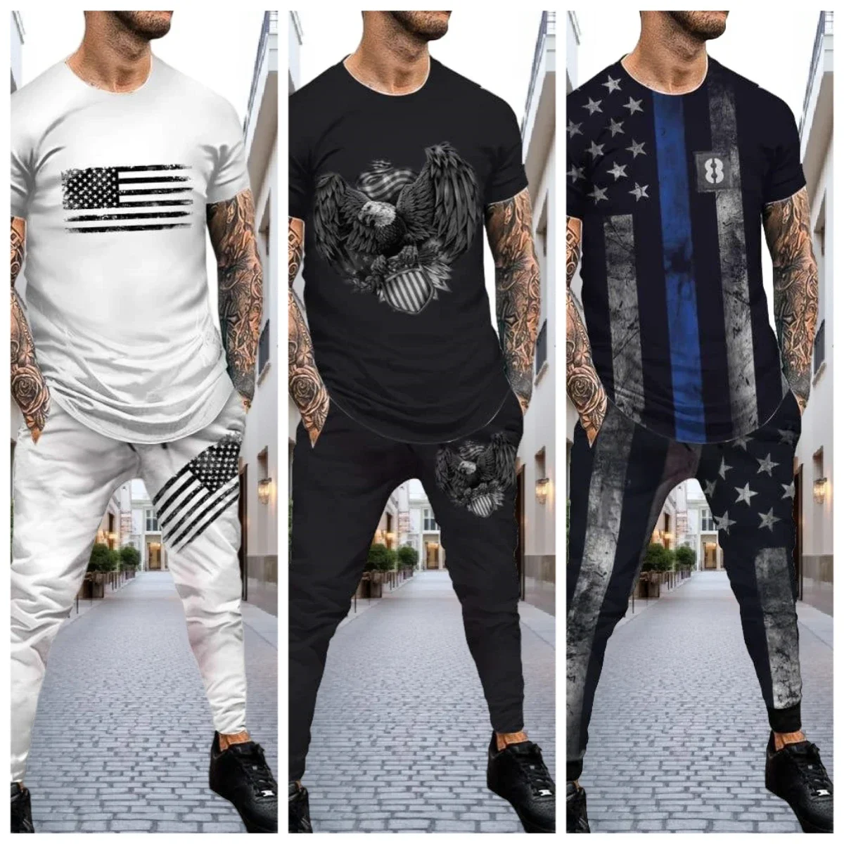 

25/26 Последний комплект футболок Европейская и американская уличная мода Хип-хоп Череп 3D Весенне-осенний топ Брюки Повседневный стиль для взрослых