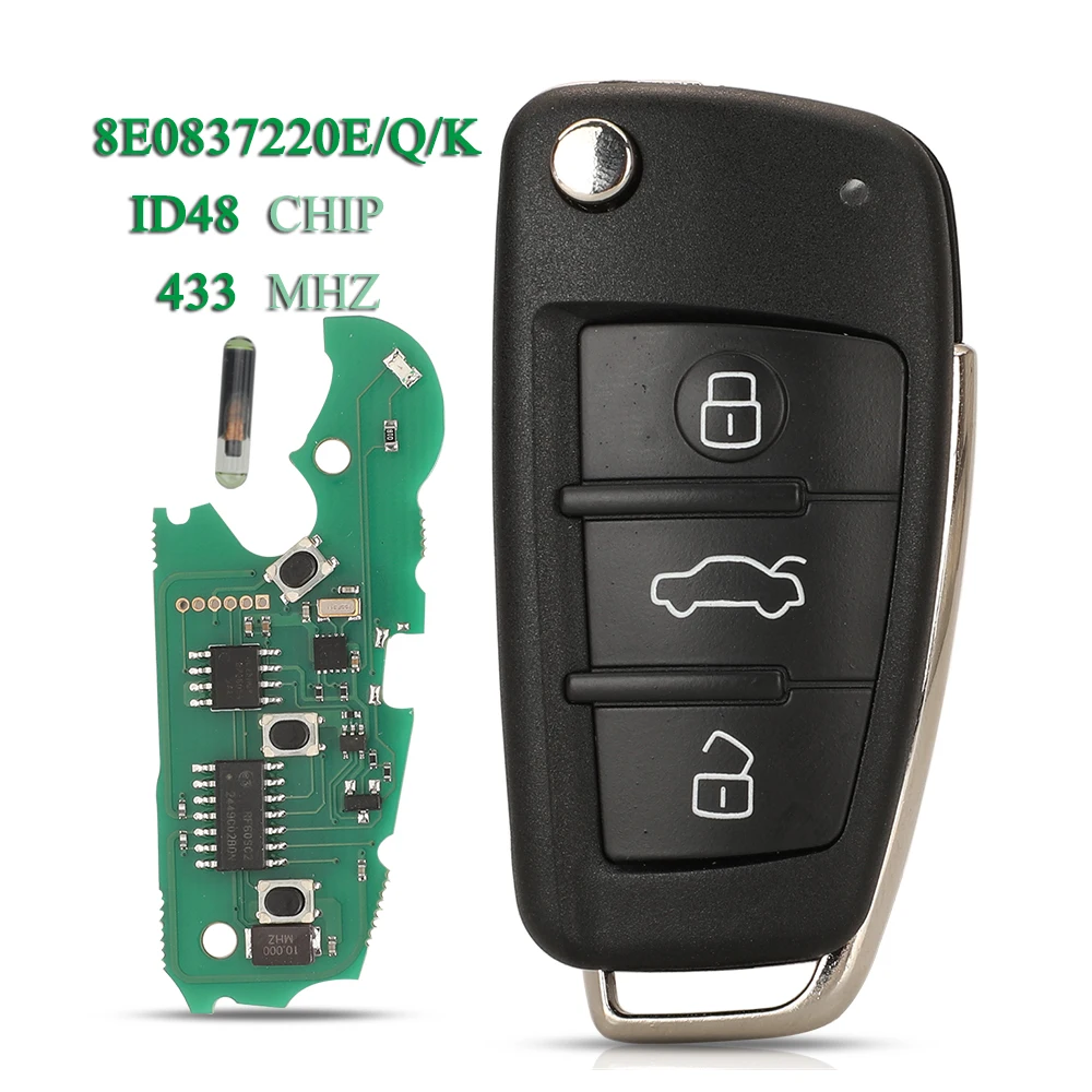 

jingyuqin 433MHz ID48 Chip 8E0837220E 3 Buttons For Audi A4 231G 2005 Fob Flip Folding Smart Remote Car Key Replacement