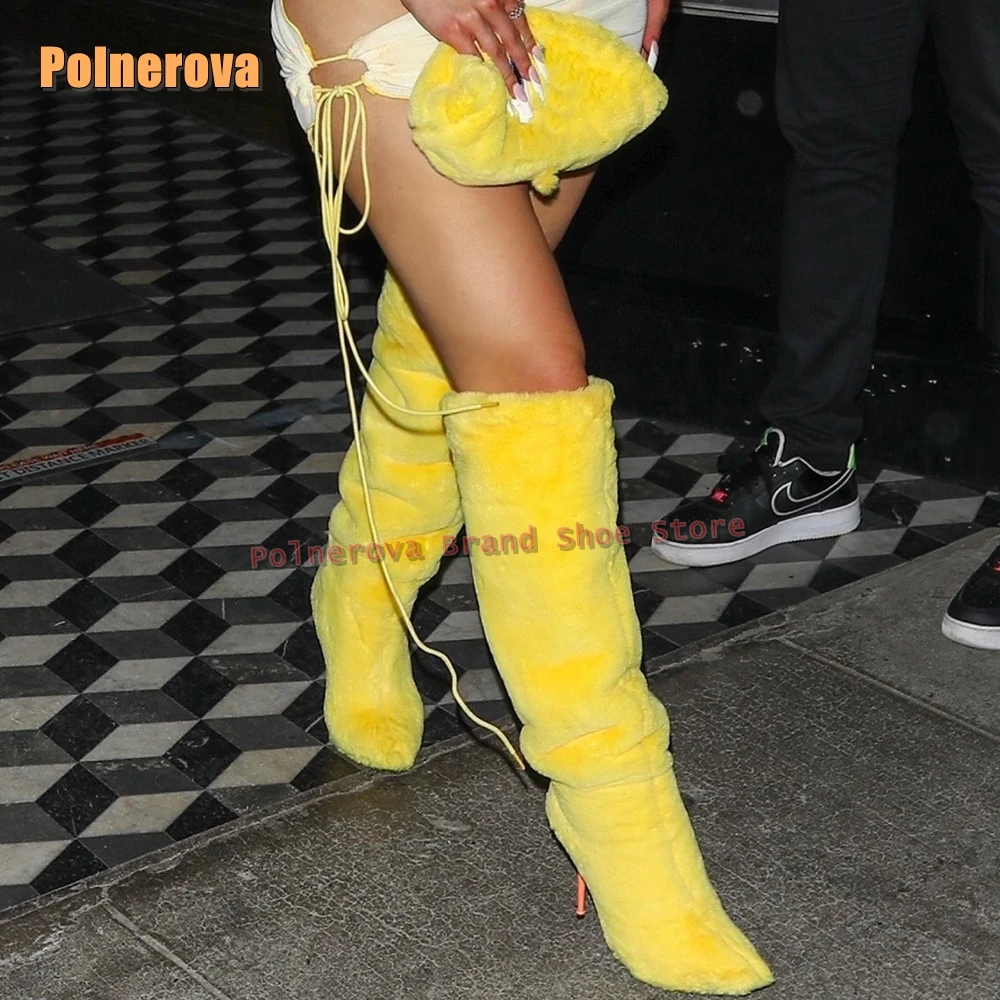 

Furry Fur Orange Heel Knee High Boots Pointed Thin Heel Pull On Solid Women Sexy Fashion Shoes 2024 Winter New Arrival Trend