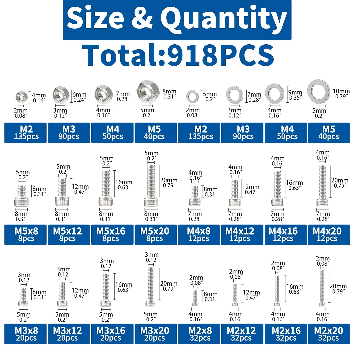 918pcs Nuts And Bolts Assortment Kit - M2, M3, M4, M5 Hex Head 304 Stainless Steel Bolts, Nuts, Flat Washers, And More