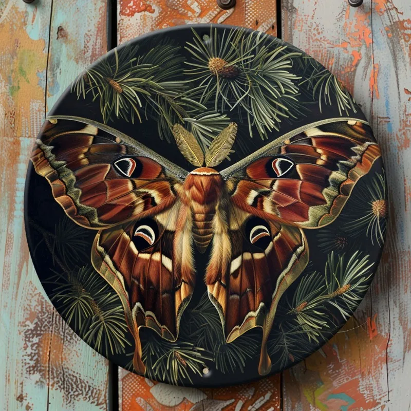 Majestic Atlas Moth Metal Wall Art, Round Aluminum Decor with Powerful Wingspread & Pine Tree Design, Perfect for Home