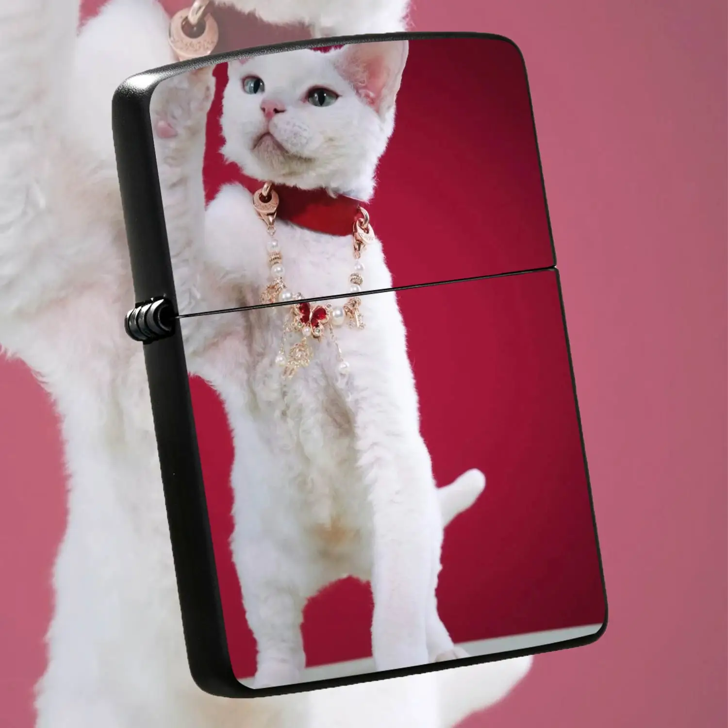 Exquisite Portable Ignition Accessory for All Scenes, Printed With Elegant Devon Rex Cat Adorned With Red Velvet Collar Inlaid Shiny Rhinestone Pearl Pendant, Stylish Practical Creative Item, Ide A Humorous And Interesting Lighter