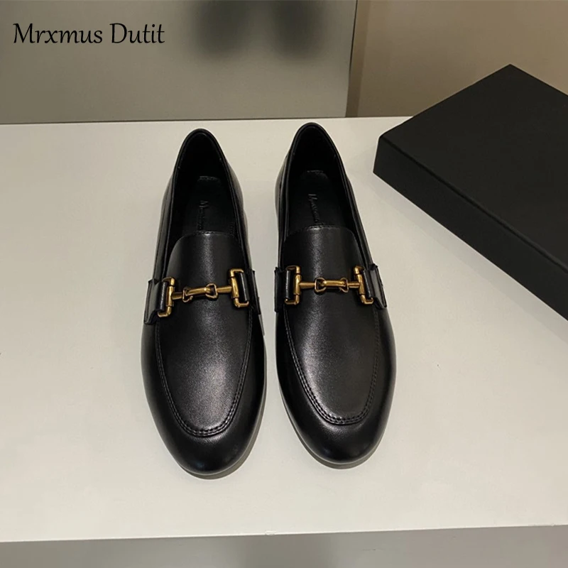 Mrxmus Dutit 2024 Spring Fashion Women New Genuine Leather Flats Shoes Metal Buckle Decoration Casual Simple Loafers Female Chic