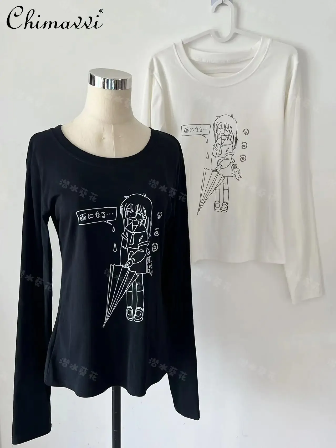 

Original Cotton Shoulder Long-sleeved T-shirt Cute Cartoon Print Japanese Two-dimensional Elastic Slim Kawaii Round Neck Y2k Top