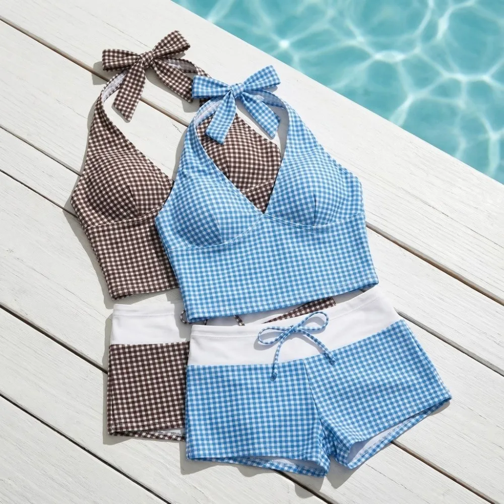 Stylish Halter Neck Sling Two Pieces Bikini Suit Y2k V-Neck Plaid Swimsuit Slim Fit Summer Stripe Swimwear Set Vacation