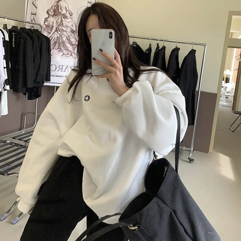 

Female Long Sleeve Plus Velvet Pink Pullovers Women Thick Loose All-match Mid-length Casual Tops Korean Fall Winter 2021 New