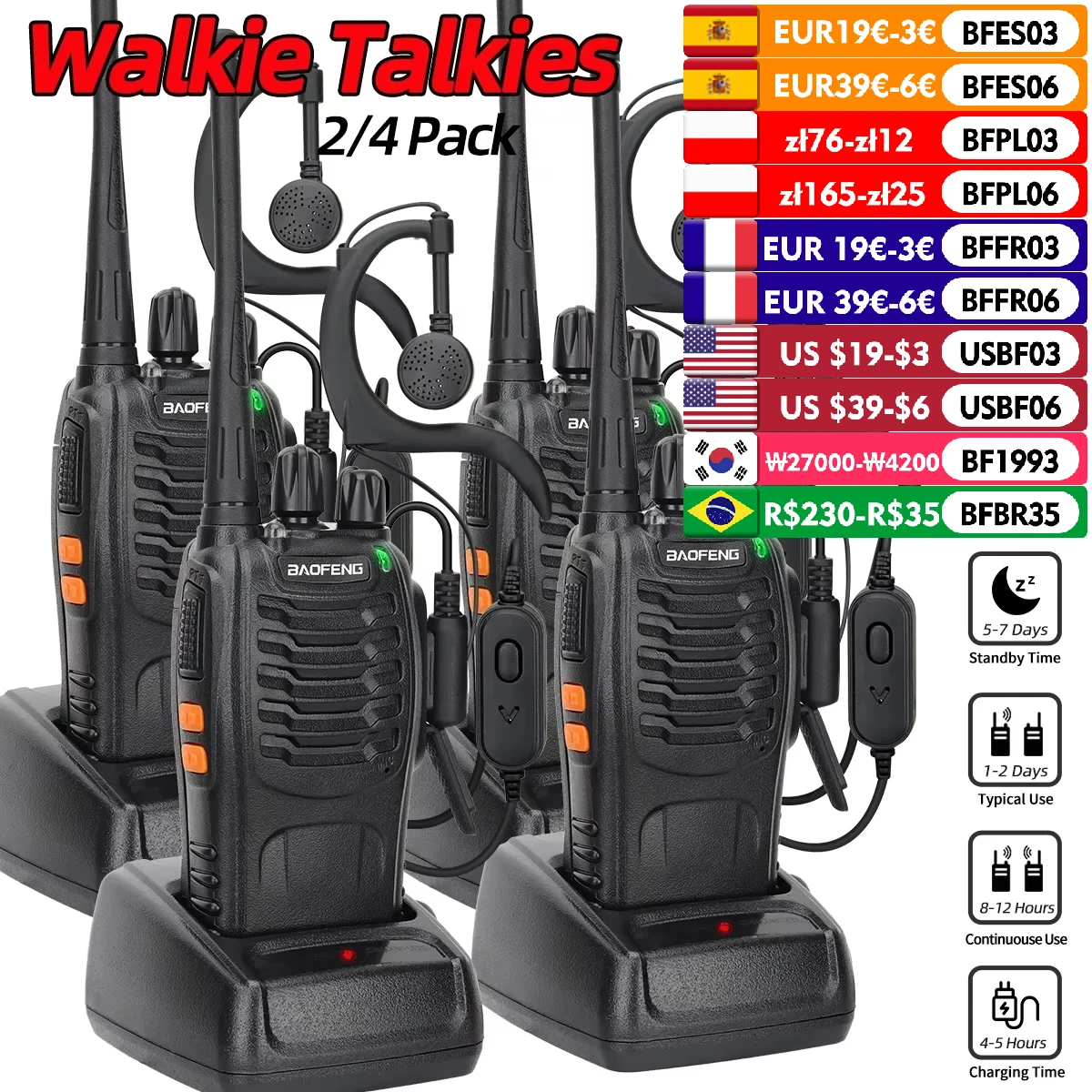 Baofeng BF-888S V2 워키토키 듀얼 밴드 휴대용 장거리 대기 UHF 400-470MHz USB 햄, 사냥용 양방향 라디오, 2 개, 4 개