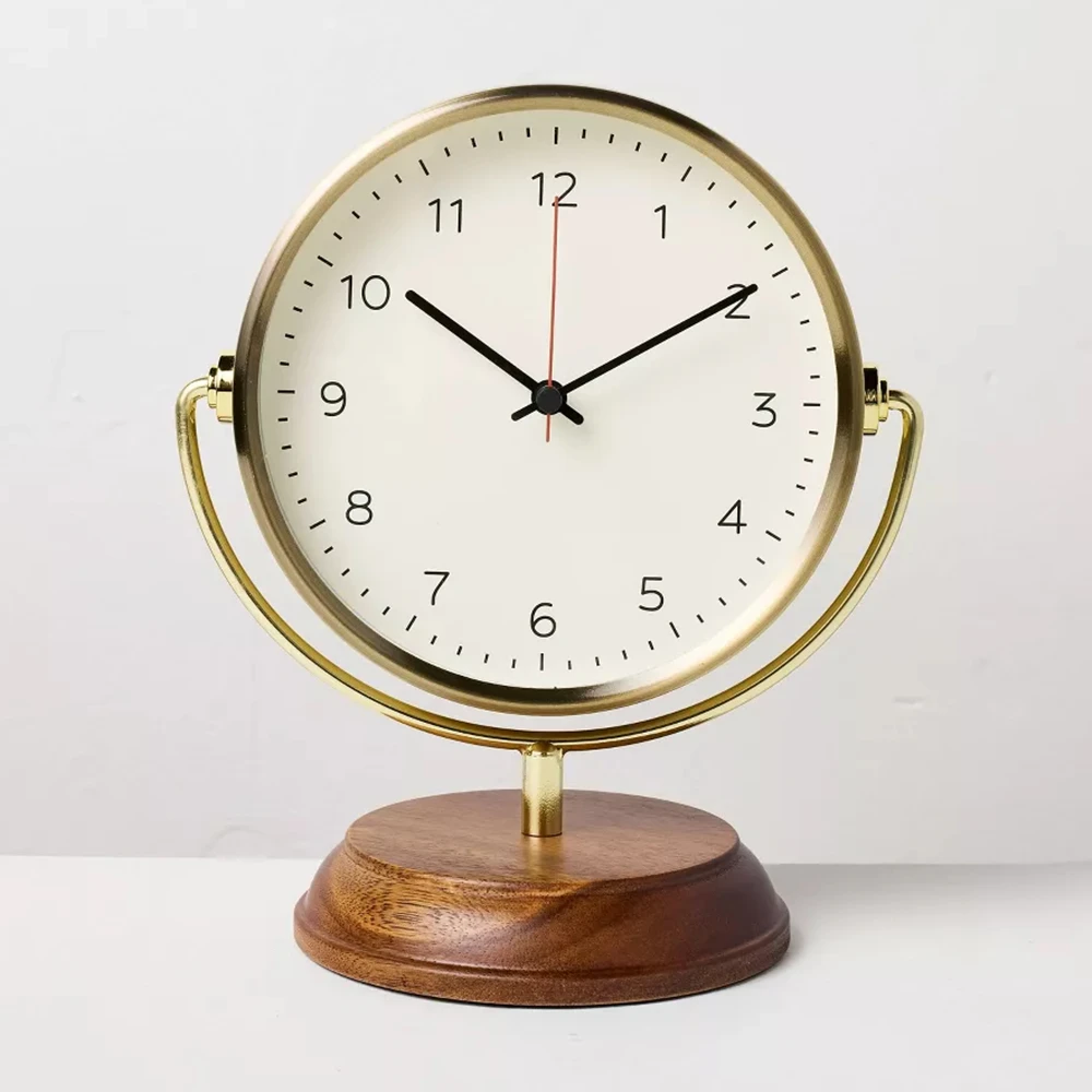 

Brass Table Clock with Wood Base,Vintage Analog Desk Clock Battery Operated for Living Room Decor ,Decorative Retro Mantel Clock