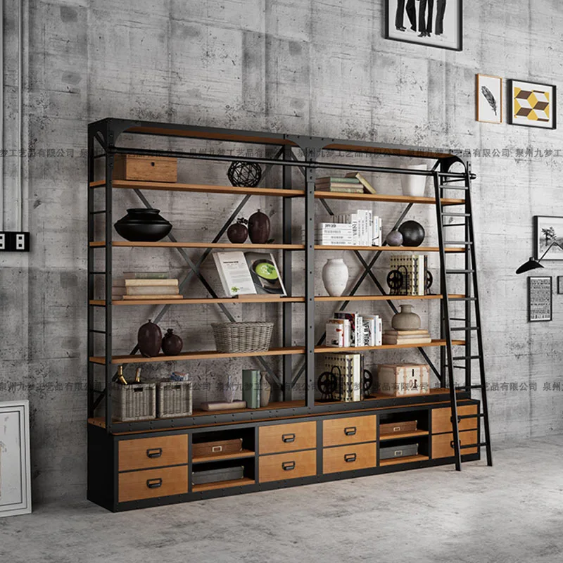 Solid wood frame wrought iron solid wood full wall bookshelf simple retro