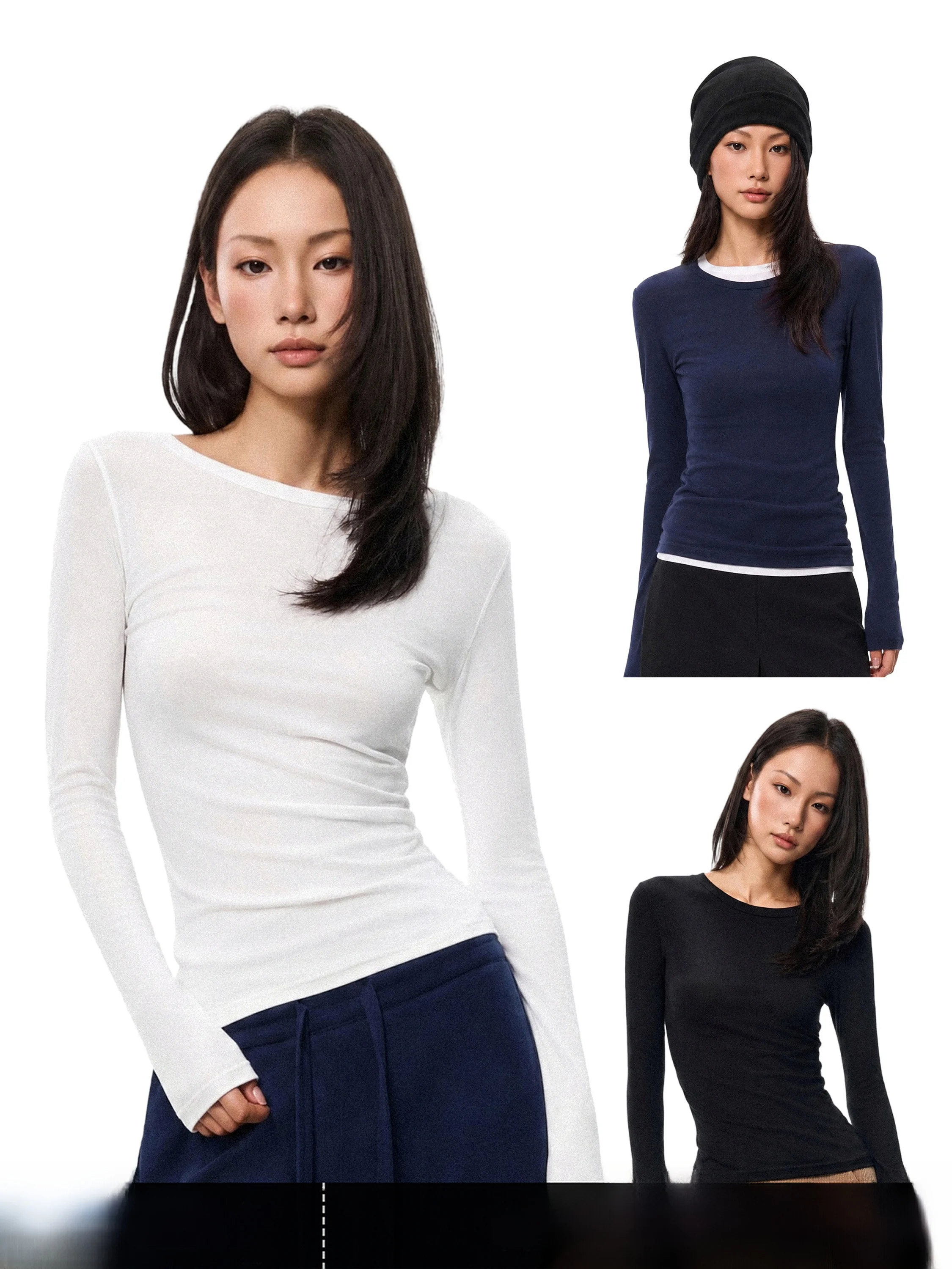 GoGo Burn Basic Long Sleeve round Neck T-Shirt Women's Slim Fit Casual Style Short Length V-Neck Top for Autumn Season
