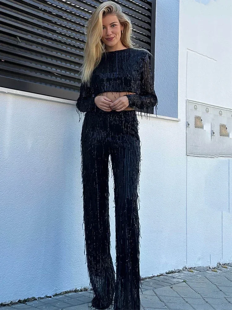 Women Tassel Sequin Party 2 Piece Set Autumn Winter Shiny Silk O-neck Crop Tops Wide Leg Pants Female Suit Fashion Street Lady S