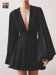 Women`s Dress 2024 New in Black V-Neck Evening Dress With Long Lantern Sleeves Elegant Lady Pleated Party Short Dresses 3035