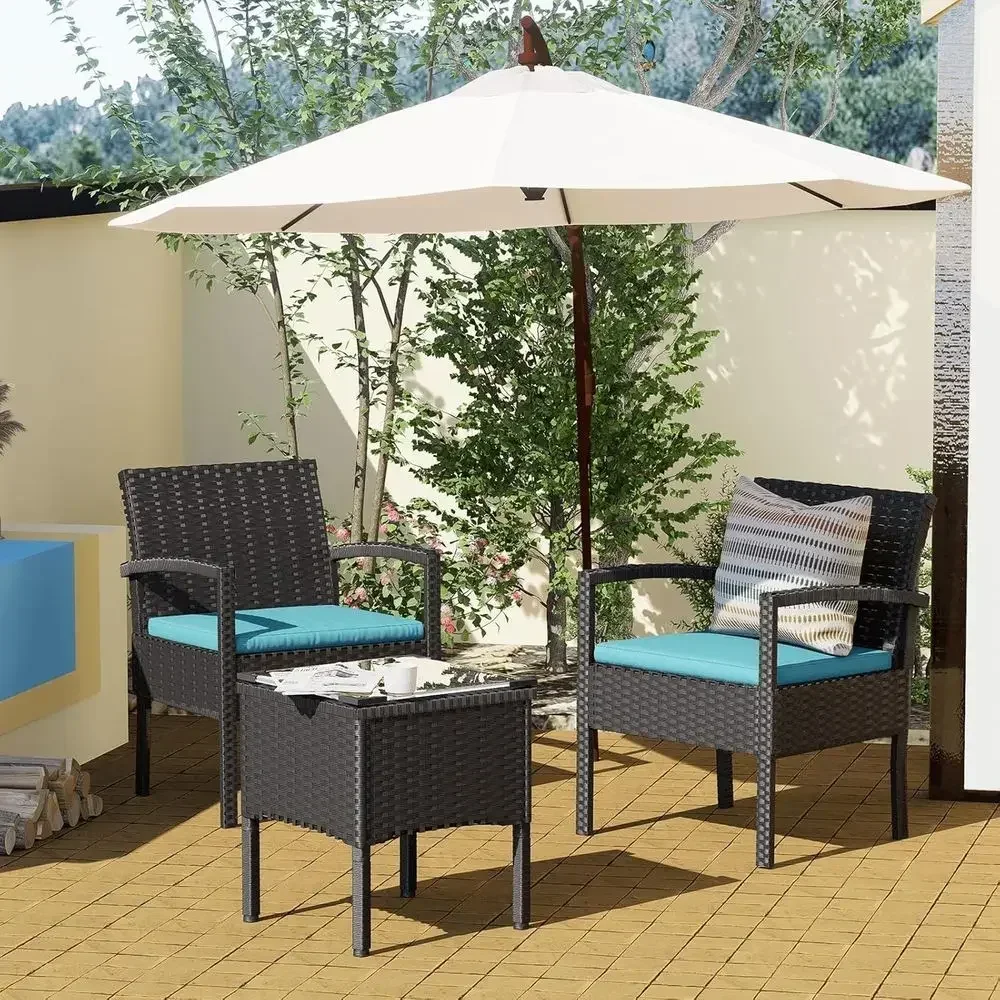 All-Weather Blue PE Rattan 3-Piece Patio Bistro Set for Balcony and Garden