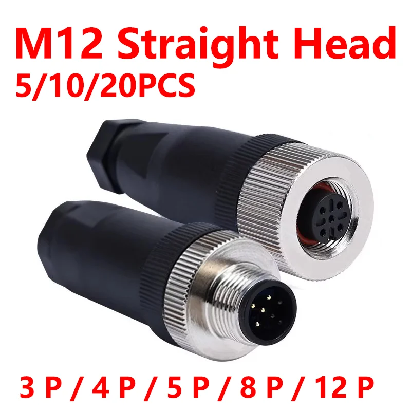 

M12 Sensor Connector 12mm Waterproof Male&Female Straight Screw Threaded Plug Coupling 3 4 5 8 12 Pin A Type