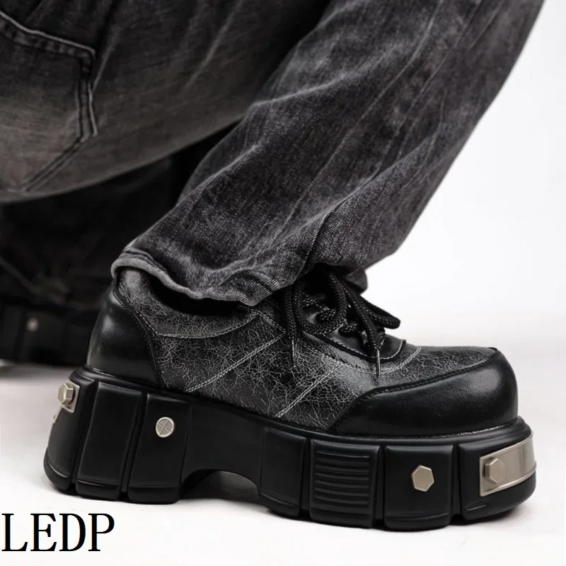 LEDP Brand Thick Sole Increase Derby Shoes Men 2024 Autumn New Niche British Round Head Muffin All Black Sports Daddy Shoes Tide