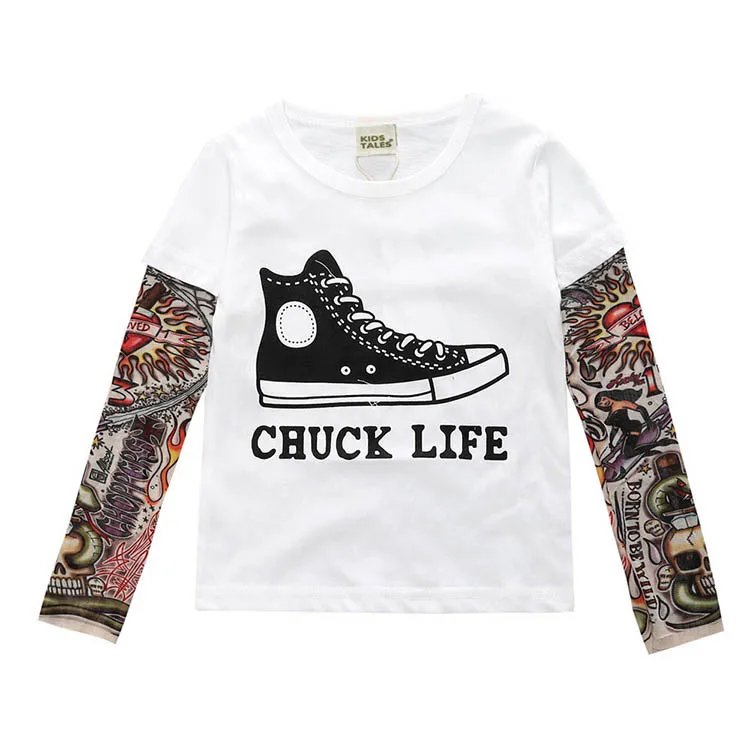 Boys Girls T-shirts Long Sleeved with Patchwork Hip-hop Floral Tattoo Prints INS Spring Autumn Streetwear Tees Baby Fashion Tops