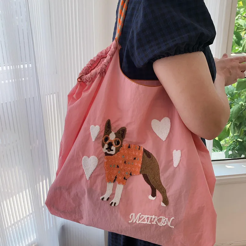 New Nylon Tote Bag barboncino Shopping Bag Cute Anime ricamato spalla donna Eco Friendly grande capacità borsa regalo per ragazze