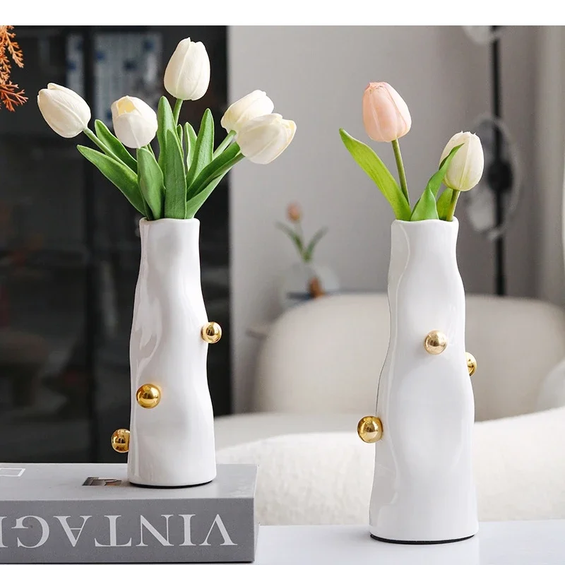 Resin Vase Abstract Golden Ball Art Deco Bead Point Tabletop Ornament Flower Floral Arrangement Accessories Home Decoration
