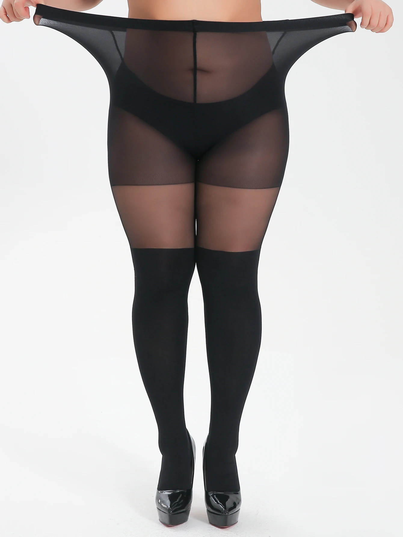 Ein Paar schwarze Damen-Imitat-Oberschenkelsocken in Übergröße, hochmodisch, sexy, hauteng, Strumpfhose. – Detail 2