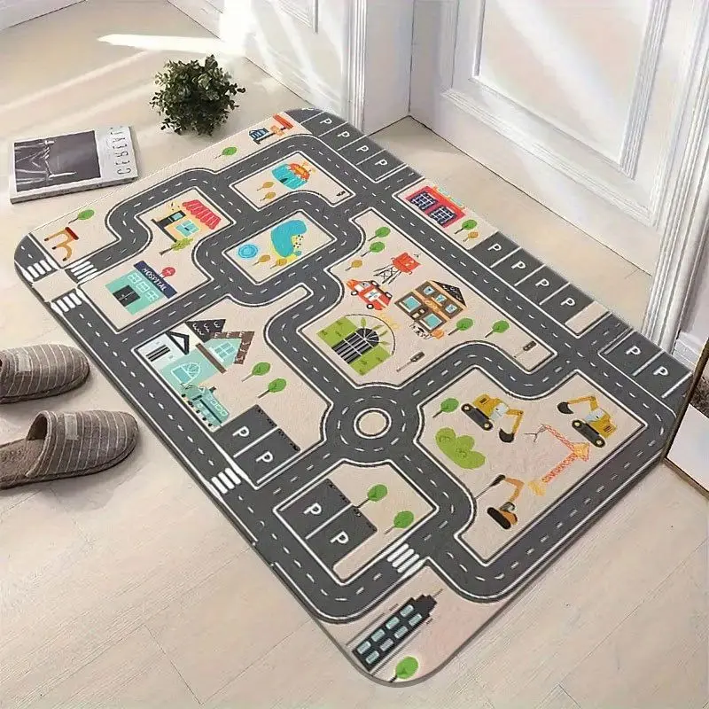 VIKAMA City Traffic Door Mat Road Map Car Print Entryway Mat Non Slip Kids Boys Playroom Cute Cartoon Indoor Home Decor