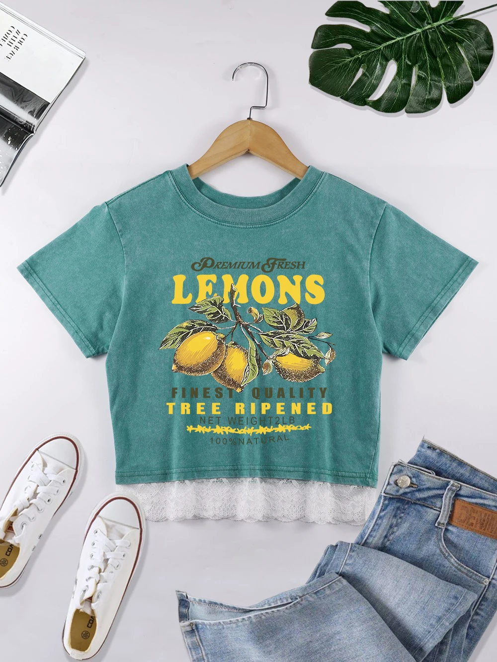 Premium Fresh Lemons Prints Cotton Crop Tees Fashion Summer Lace Hem Washed T-Shirts Regular Fit Distressed Tops Casual Clothes