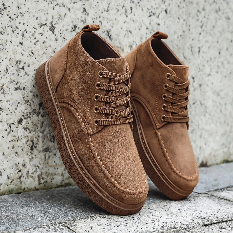 Brown Faux Suede Oxfords Boots Men's Lace Up Hand Stitched Trainers Moc Toe Non Slip Thick Shoes Man Sneaker Commute Daily Shoes
