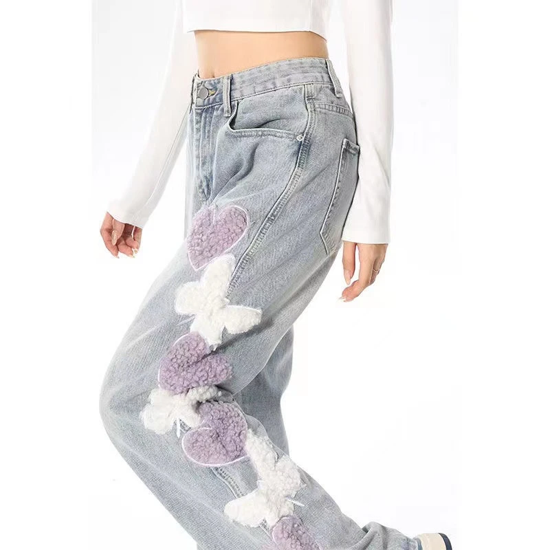 American Fuzzy Heart Applique Jeans Women Fall Winter High Waist Chic Wide Leg Jeans Fashion Loose Female Straight Trouser New