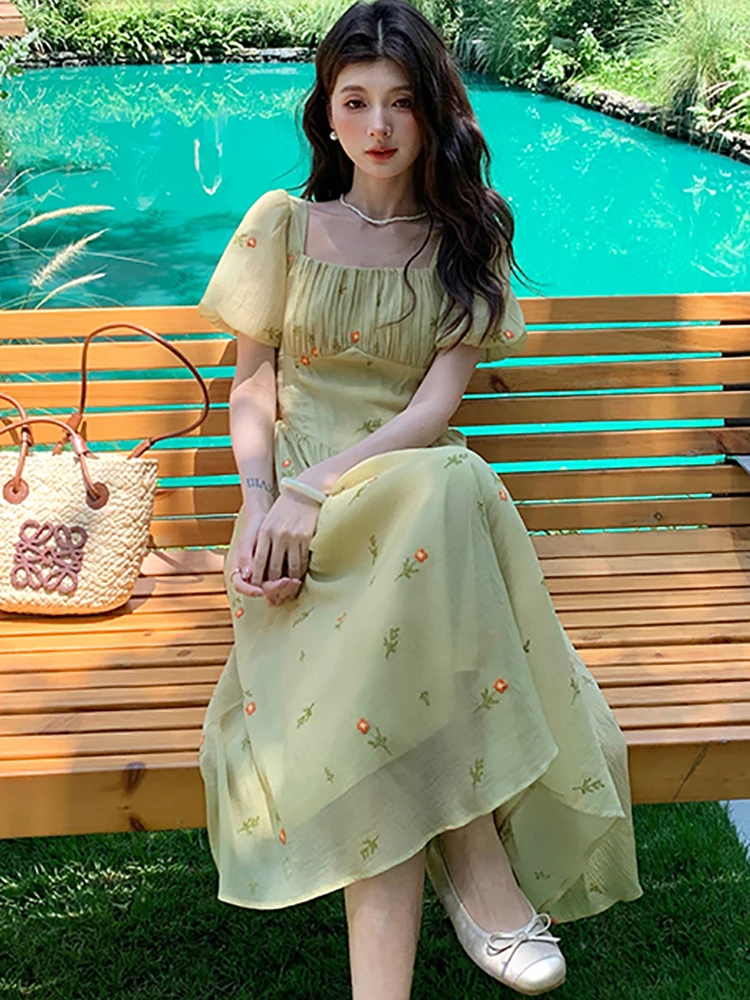 Letnia Zielona Elegancka Sukienka Długa z Haftem Kwiatowym Damska Bufiaste Rękawy Kwadratowy Dekolt Codzienna Sukienka 2025 Koreańska Sukienka Bodycon Wieczorowa