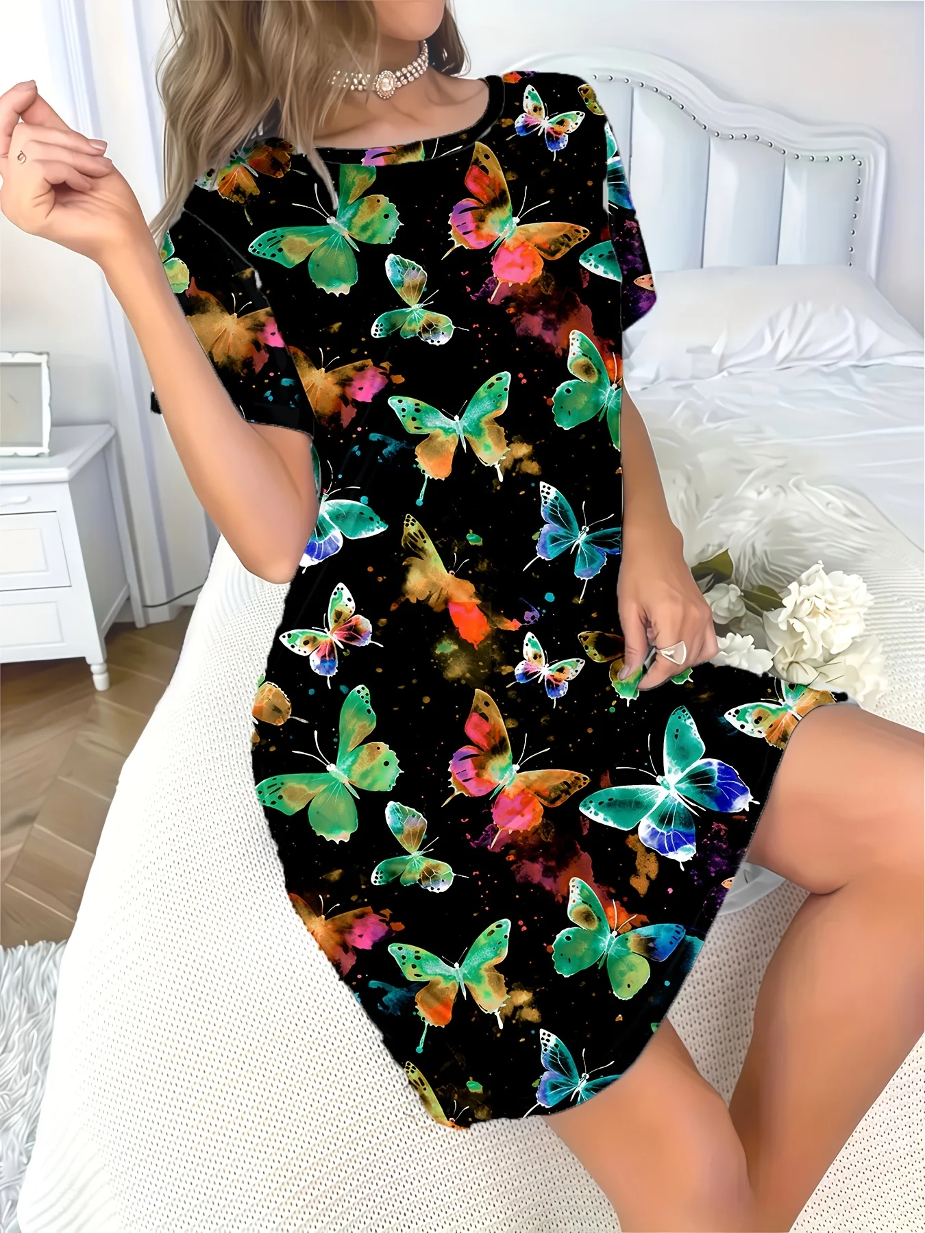 Abito da donna con stampa farfalla e motivo floreale multicolore Abbigliamento da donna Girocollo Manica corta Indumenti da notte Y2k Abbigliamento Top