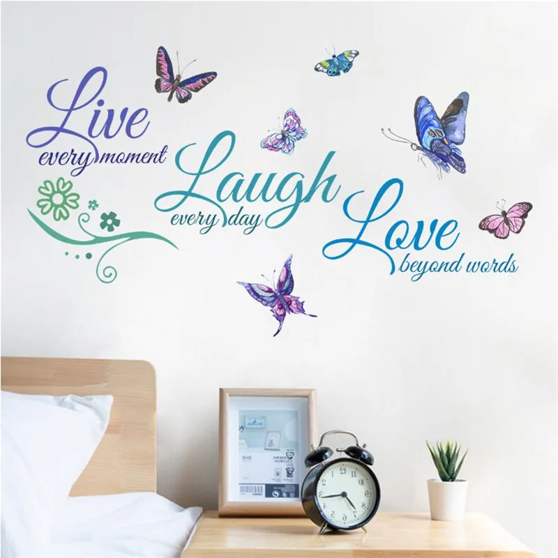 1PCS Removable Colorful English LIVE LAUGH LOVE Butterfly Wall Sticker For Bedroom Self Adhesive Home Decoration 30*60CM