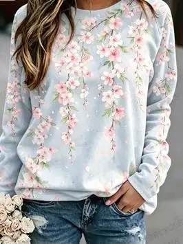 Women's Gradient Floral Print Sweatshirt Ombre Flower Long Sleeve Crew Neck Casual Pullover Top