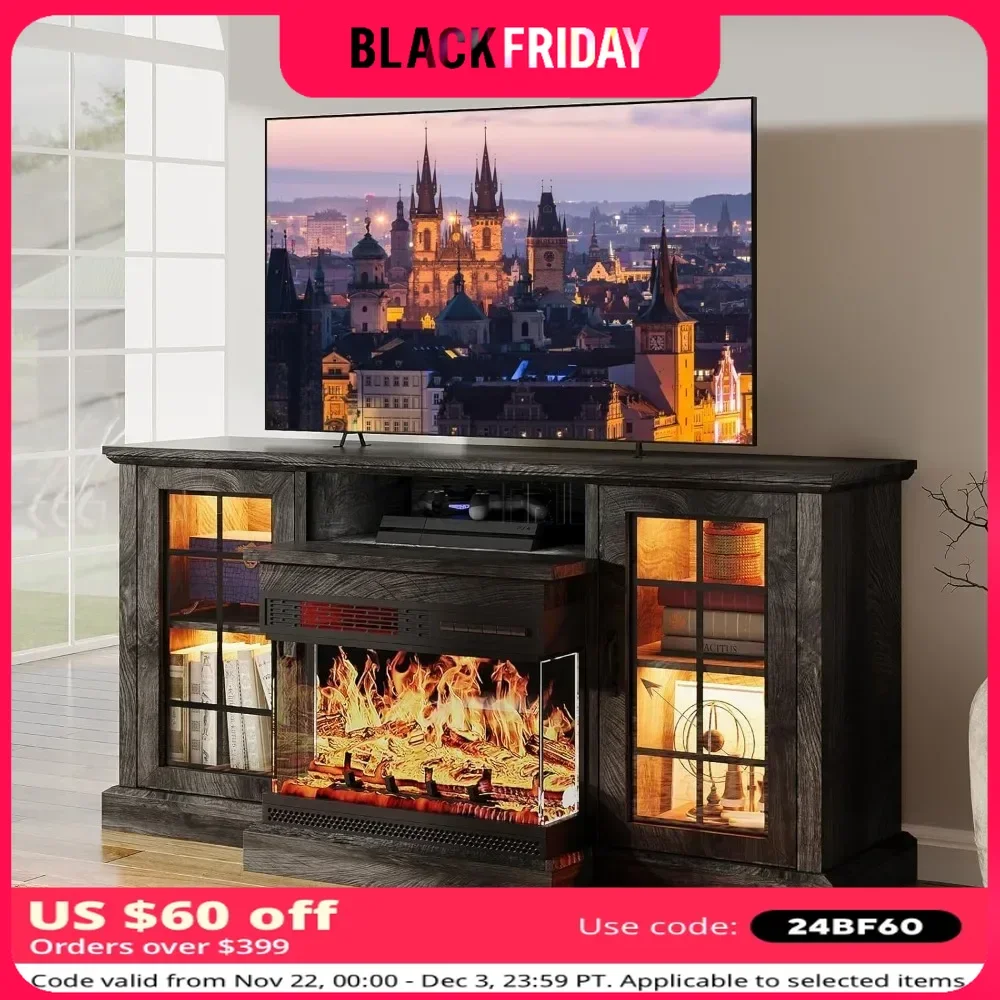 TV Stand 59'' for TVs Up To 65'' with Glass Door Adjustable Flame LED Color, 3 Sided Glass Set of TV Table