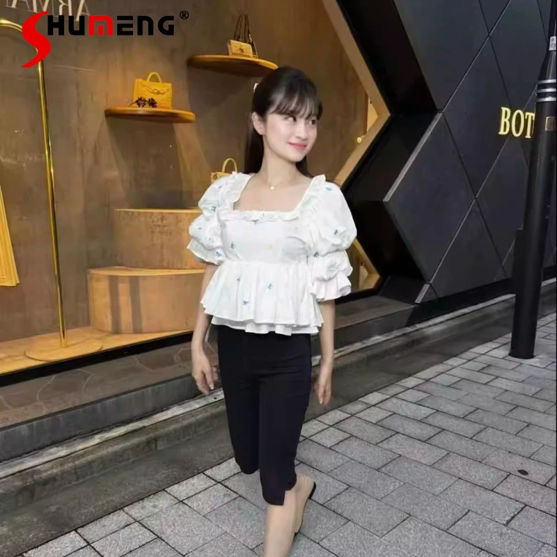 

2025 Japanese Sweet Embroidered Puff Sleeve Shirt for Women Girls Summer Slim Fit Elegant Blouses Lady French Fashion Tops Mujer