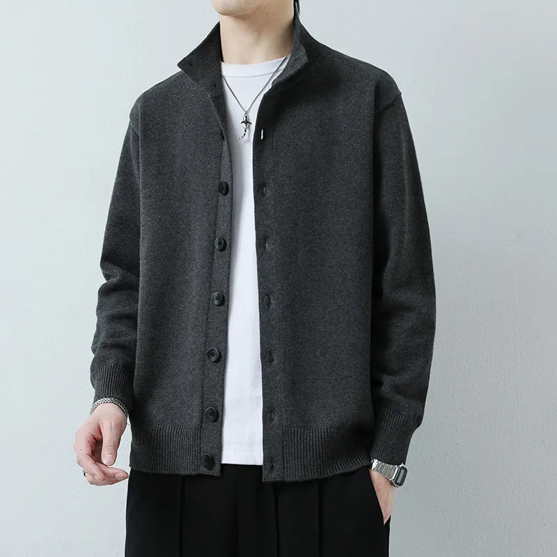 

Мужской вязаный кардиган-свитер, повседневный, тонкий, свободного кроя, весенне-осенний, из смесового хлопка и полиэстера, с длинными рукавами, с высоким воротником