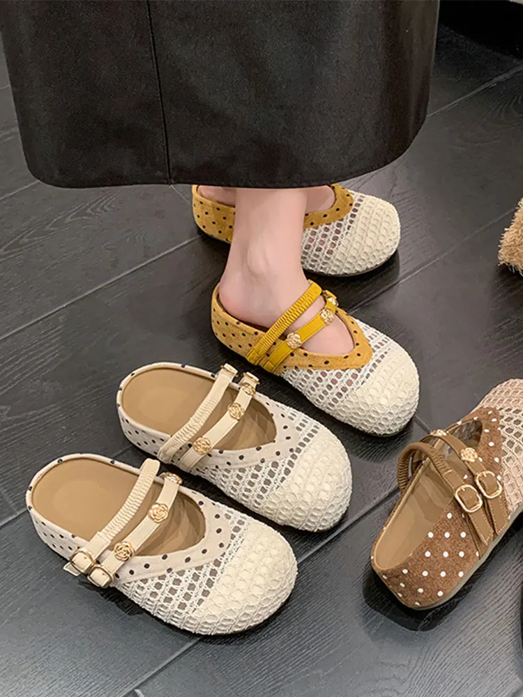 

Summer New Polka Dot Versatile Mesh Breathable Slippers Thick Bottom Two-Way Wear Slip-On Toe Covering Slippers