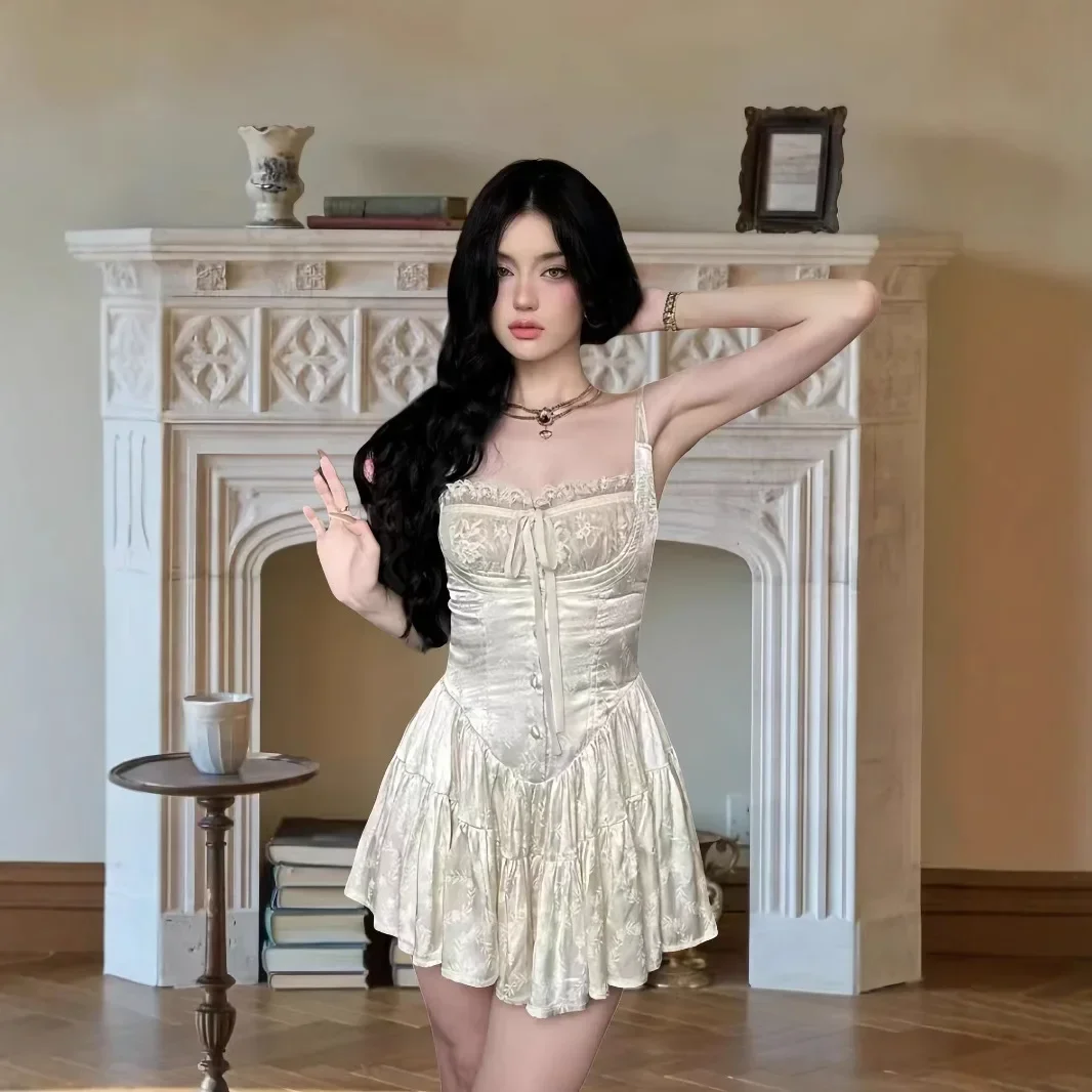 Mini abito medievale in raso retrò da donna Corsetto in pizzo floreale jacquard monopezzo Cami Pagliaccetti Data Abiti estivi per uscire