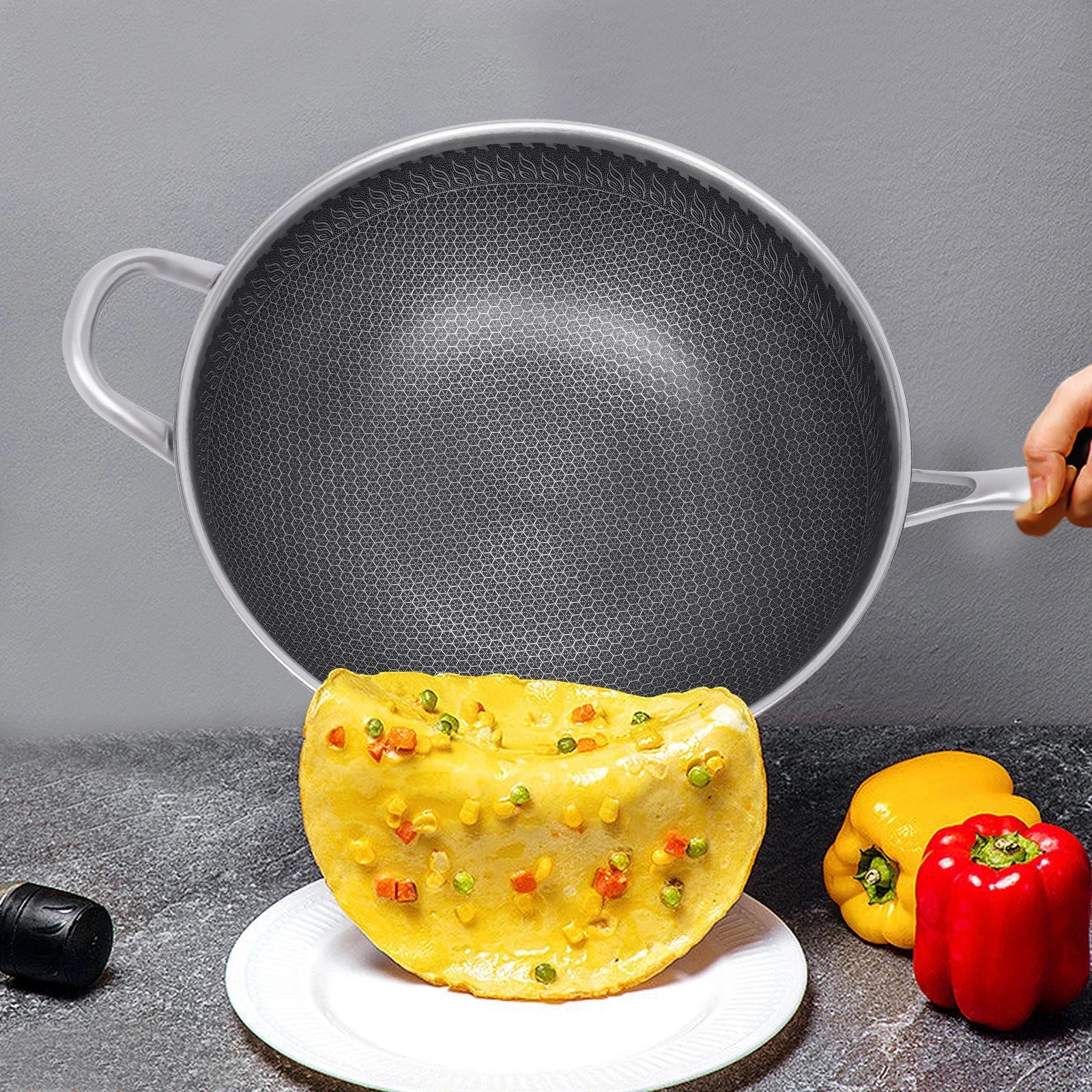 

12 Inch Wok Pan with Lid – Stainless Steel, Nonstick Honeycomb Coating for Stir-Frying & Induction Cooking