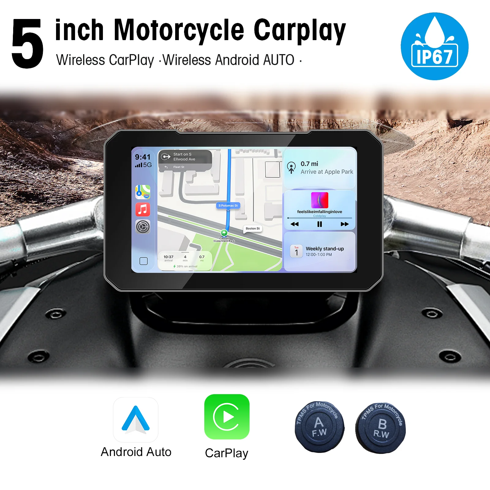 

Ezonetronics HD 5 inch Screen Motorcycle CarPlay Support Wireless CarPlay and Android Auto IP67 Waterproof TPMS