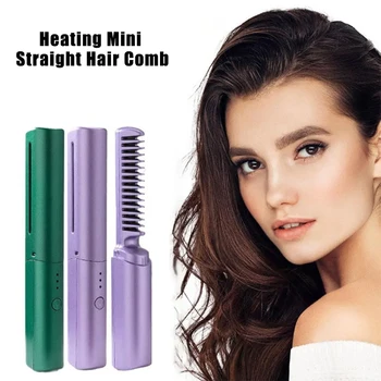 Image Hair Straightener Curler Comb USB Rechargeable Anti-Scald Portable Wireless Hair Straightener Brush Comb for Home Travel Women