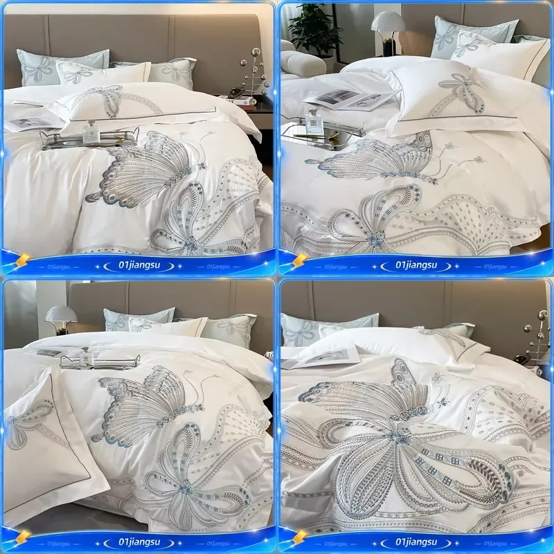 100% Egyptian Cotton Luxury Butterfly Embroidery Wedding Bedding Set Duvet Cover Flat Fitted Sheet Pillowcases High Quality