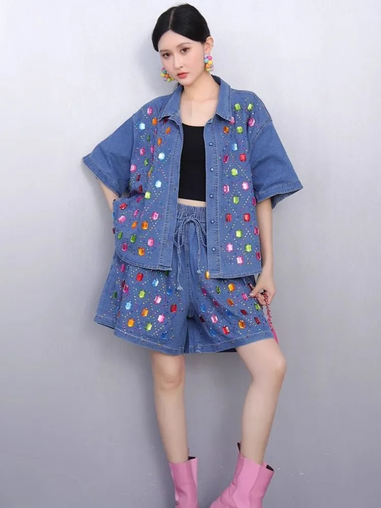New Designer Summer Casual Loose Fit Short Sleeve Denim Jacket High Waist Wide Leg Shorts Fashion Diamonds Women Two Piece Sets