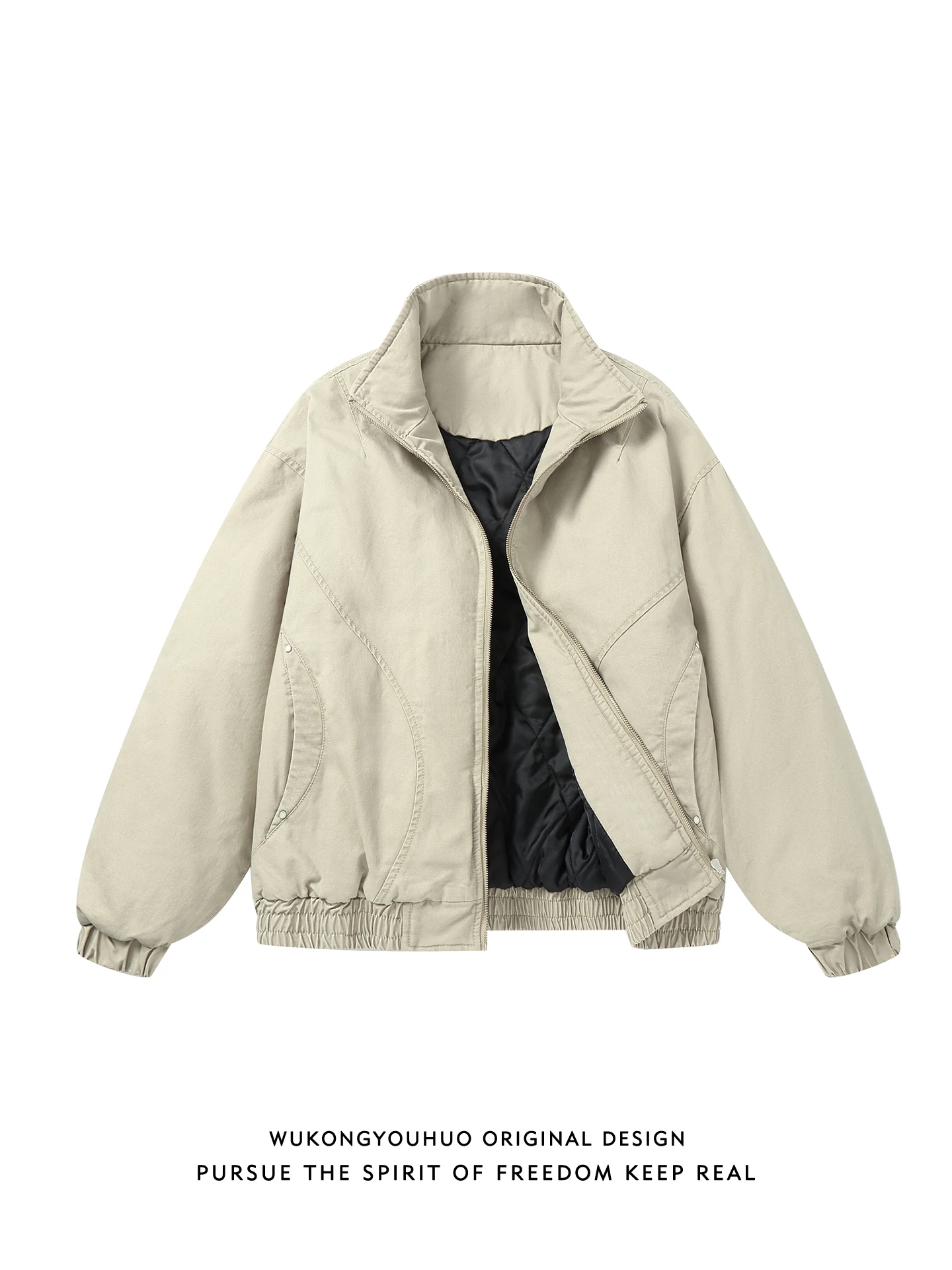 

Утепленная хлопковая куртка с воротником-стойкой для мужчин: Ретро-американский стиль, деконструированный пэчворк, рабочая одежда, молодежная повседневная куртка