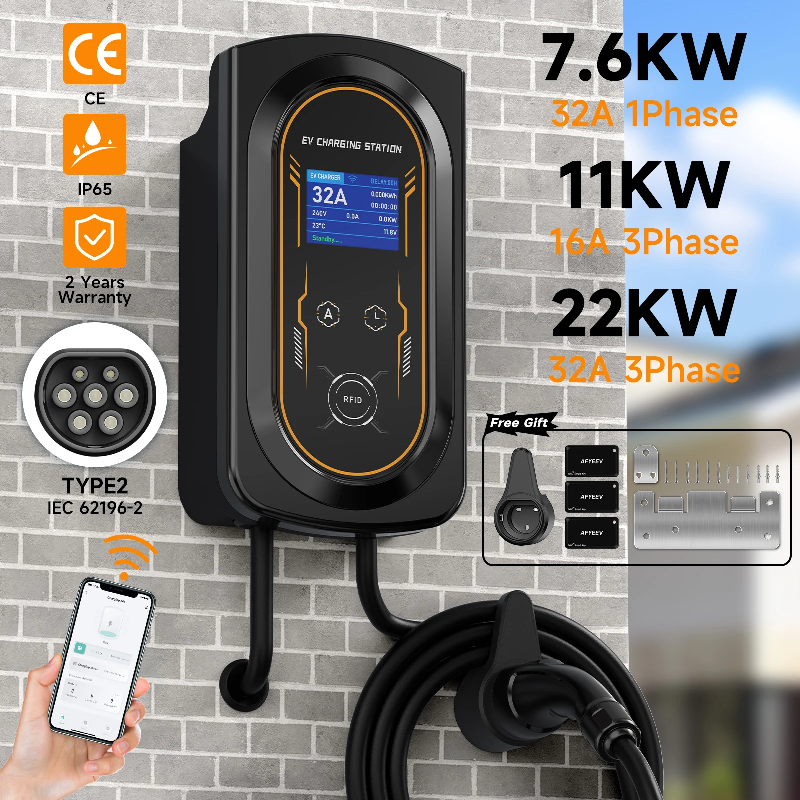 

EV Charger 32A 7.6KW/11KW/22KW Electric Vehicle Car Charger EVSE Wallbox 3Phase Type2 Cable IEC62196-2 Socket APP Control