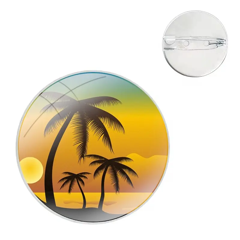 Art coconut tree seagull sunset Pins Badge Metal Brooches For Clothes Backpack Decoration gift