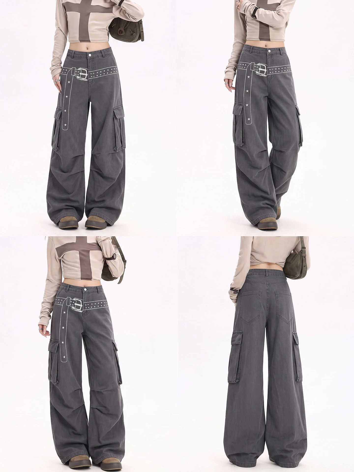 Women's Wide Leg Workwear Pants Deep Grey Floor-Length Casual Cotton Trousers Multiple Pockets Star Print High Waist