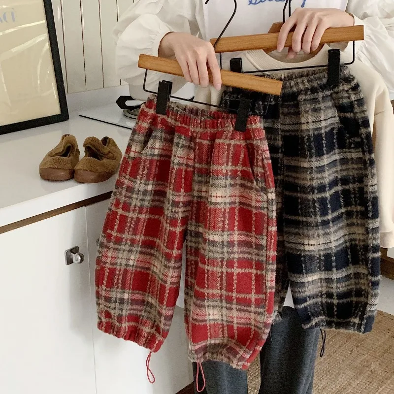 Children's Velvet Casual Pants 2026 Winter New Boys Contrasting Color Plaid Trousers Loose Warm Joggers for Girls Baby Clothing