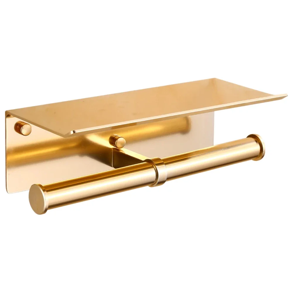Multi-Functional Toilet Roll Paper Holder with Shelf Wall Mounted Double Roll Tissue Holder Dispenser Bathroom Gold