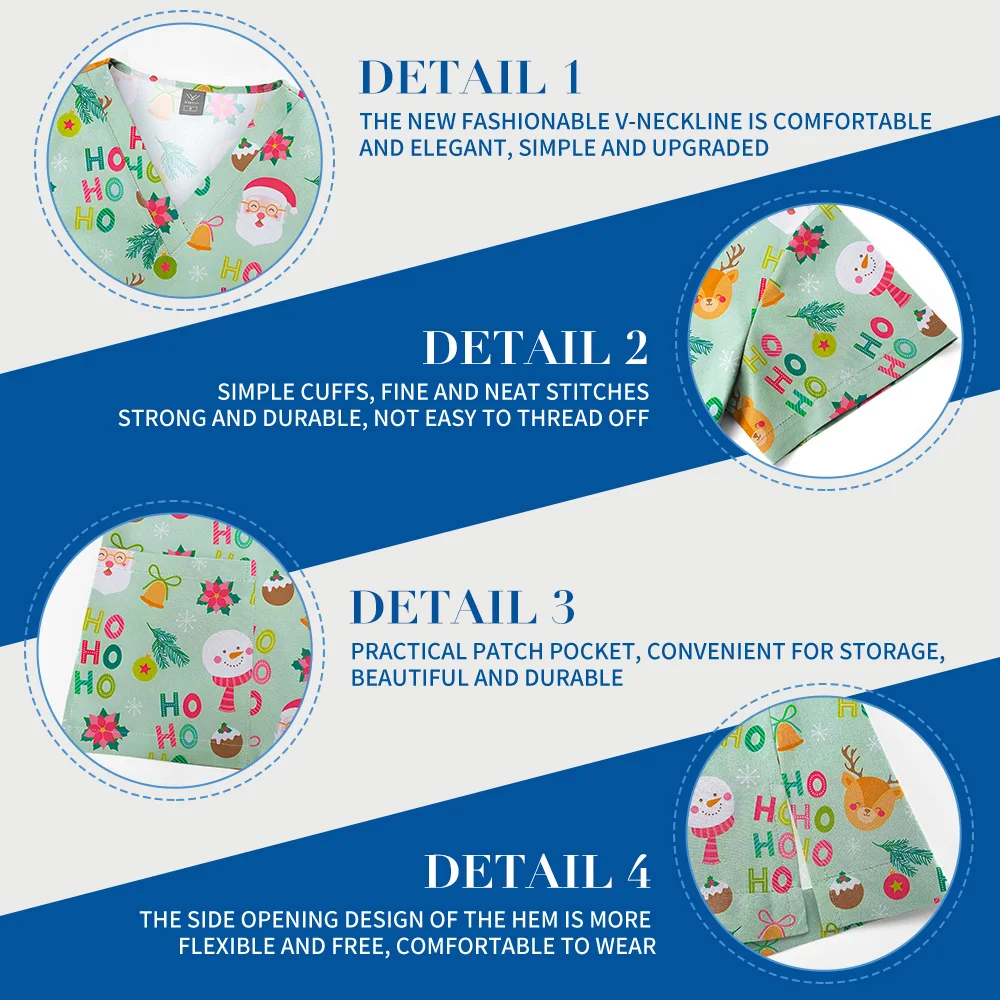Christmas Print Scrubs Tops Women Short Sleeve V-neck Blouse Nurse Uniforms T-Shirt Medical Working Uniform Veterinary Workwear