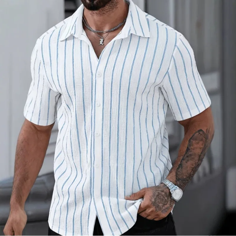 Summer New Men's Shirt Casual Loose 3D Printed Hawaiian Short Sleeve Striped Lapel Shirt