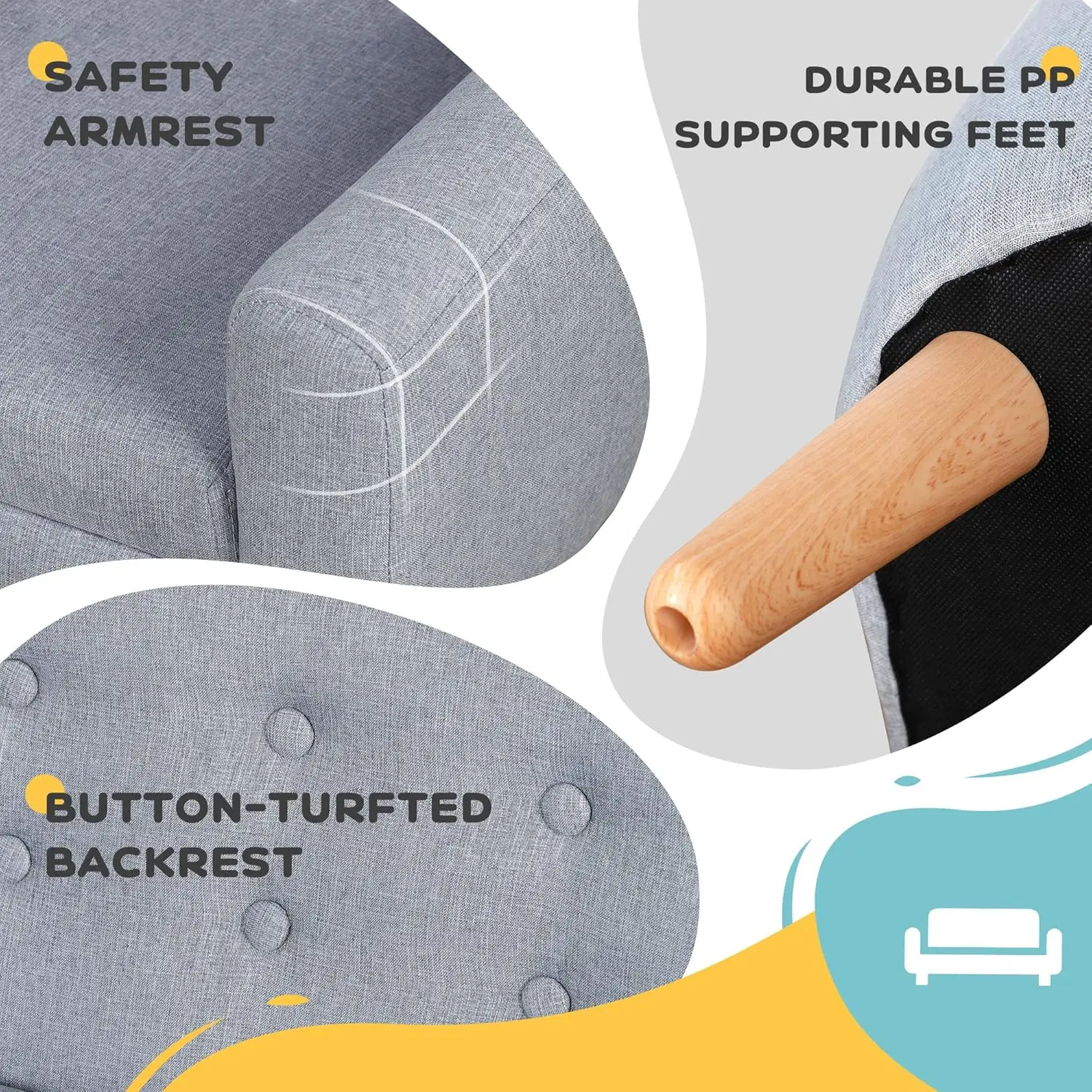 أريكة للأطفال بمقعدين، أريكة أريكة للأطفال الصغار، قماش يشبه الكتان وكرسي أريكة بإطار خشبي للأعمار من 3 إلى 7 سنوات، مقعد مرتفع 11 بوصة، رمادي #4